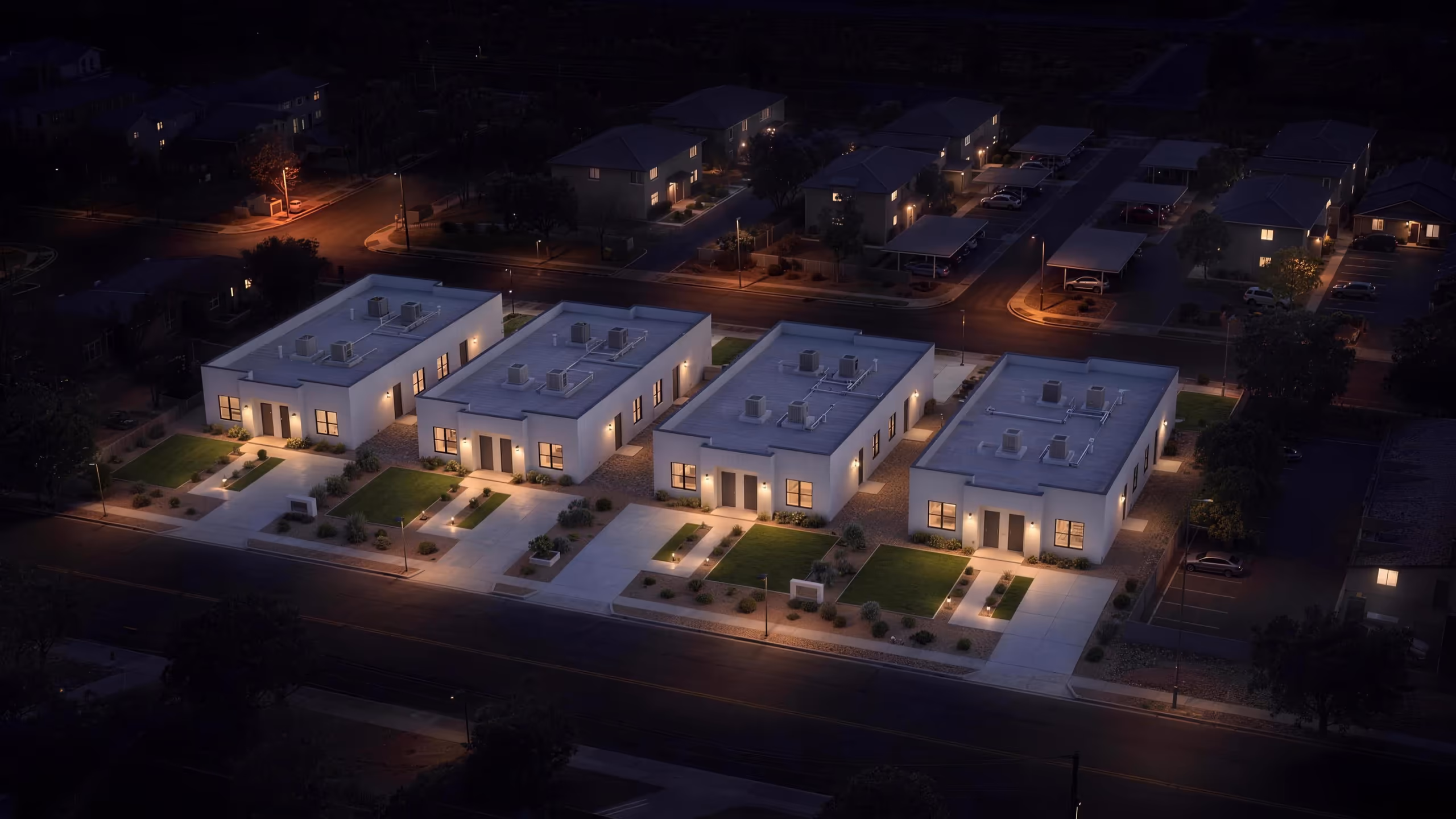 Aerial rendering, at night, of four finished single-storey homes with lit windows and landscaped front yards. Illustrative; not this lot or this building.